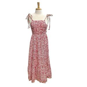 Bohemian Batik Block Print Hippie Gypsy Tie-Shoulder Maxi Dress Red size XS